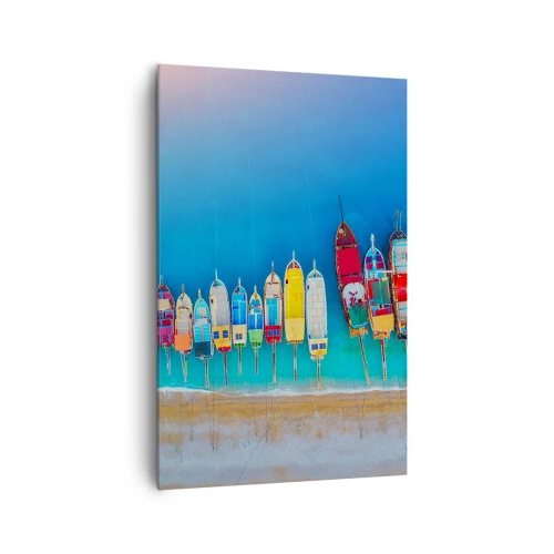 Impression sur toile - Image sur toile - Des bateaux colorés alignés en rangée sur le rivage - 80x120cm - Une vue à vol d'oiseau - Décoration murale moderne pour le salon et la chambre ARTTOR