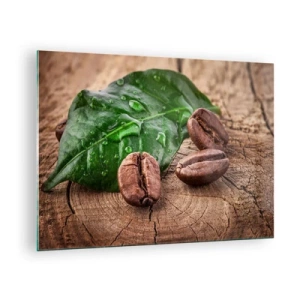 Impression sur verre - Image sur verre - Grains de café sur fond de feuilles et de bois - 70x50cm - La plus vraie et noire - Décoration murale moderne pour le salon et la chambre ARTTOR