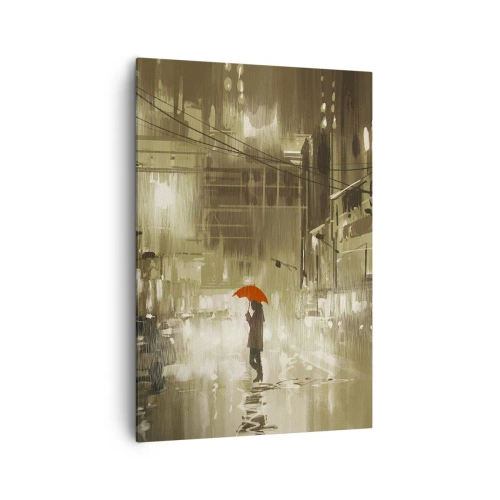 Impression sur toile - Image sur toile - Une silhouette avec un parapluie rouge dans une ville pluvieuse - 70x100cm - Seule mais pas solitaire - Décoration murale moderne pour le salon et la chambre ARTTOR