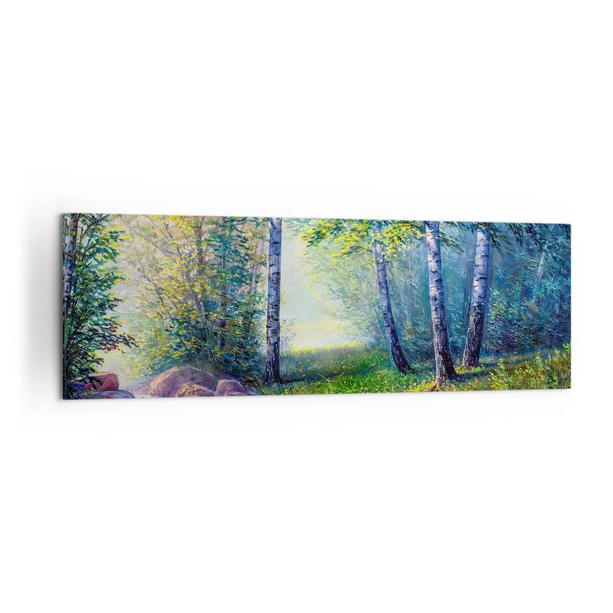 Impression sur toile - Image sur toile - Un ruisseau forestier entouré de bouleaux et de soleil - 160x50cm - Paysage idyllique - Décoration murale moderne pour le salon et la chambre ARTTOR