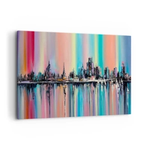 Impression sur toile - Image sur toile - Paysage urbain coloré avec reflet sur l'eau - 100x70cm - Noyé par la lumière de la nuit - Décoration murale moderne pour le salon et la chambre ARTTOR