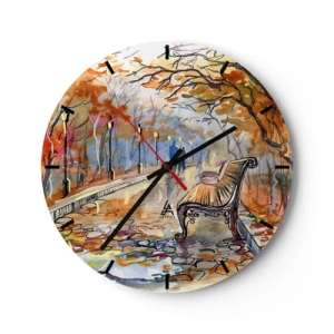Horloge murale - Pendule murale - Parc d'automne avec un banc de style aquarelle - 30x30cm - Errer ensemble à l'automne - Décoration murale moderne pour le salon, la cuisine et la chambre ARTTOR
