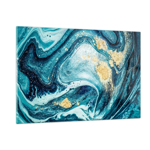 Impression sur verre - Image sur verre - Tourbillons abstraits dans des tons turquoise et or - 120x80cm - Vortex bleu - Décoration murale moderne pour le salon et la chambre ARTTOR