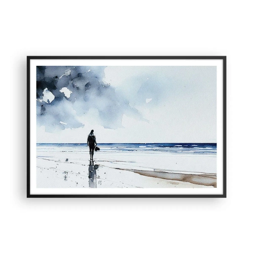 Affiche dans un cadre noir - Poster - Une silhouette sur une plage dans un environnement marin calme - 100x70cm - Conversation avec la mer - Décoration murale moderne pour le salon et la chambre ARTTOR