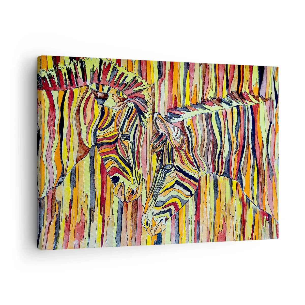 Impression sur toile - Image sur toile - Zèbres colorés sur fond de rayures abstraites - 70x50cm - Et donc toi aussi... - Décoration murale moderne pour le salon et la chambre ARTTOR