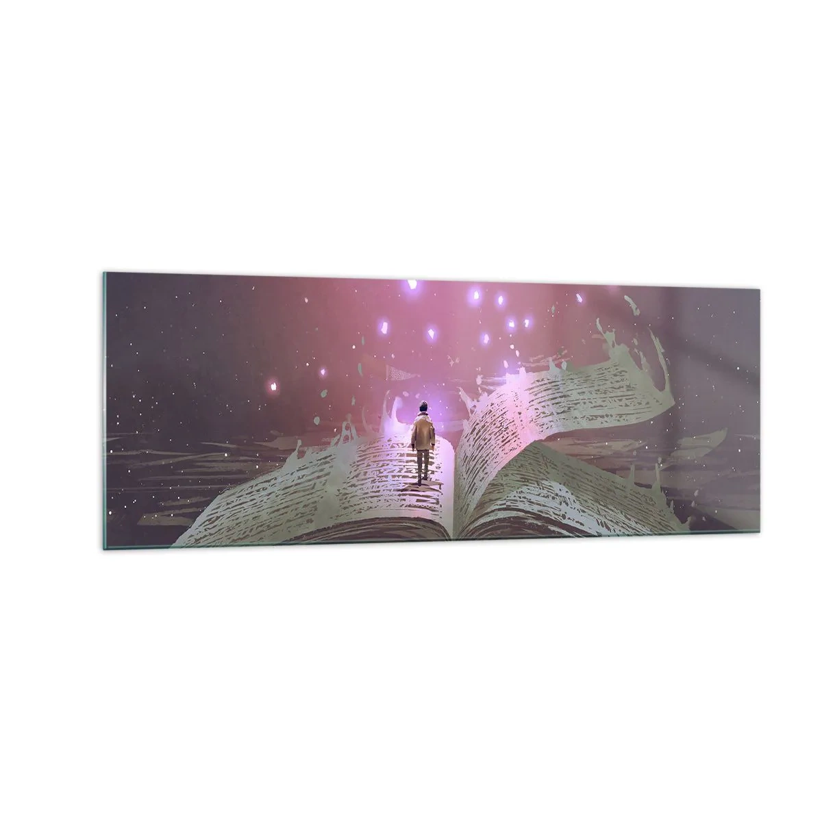 Impression sur verre - Image sur verre - Une silhouette marche sur un livre ouvert dans une lumière magique. - 140x50cm - Invitation à un autre monde - lisez ! - Décoration murale moderne pour le salon et la chambre ARTTOR