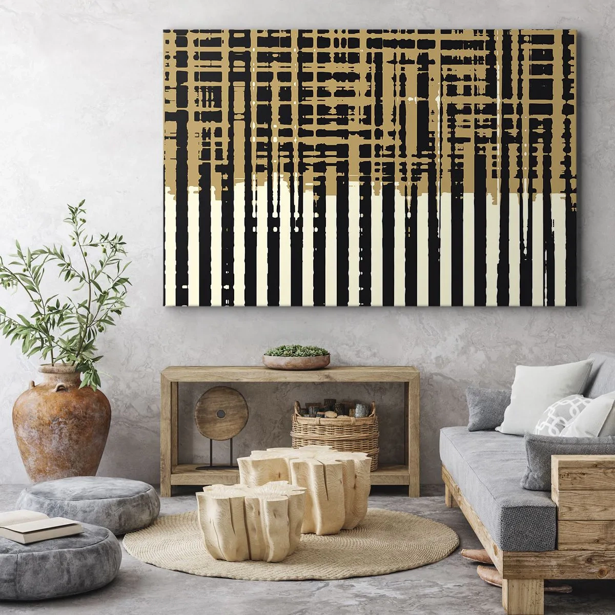 Impression sur toile - Image sur toile - Lignes abstraites en noir, beige et blanc - 100x70cm - Abstraction architecturale - Décoration murale moderne pour le salon et la chambre ARTTOR
