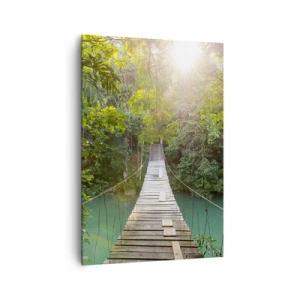 Impression sur toile - Image sur toile - Un pont suspendu dans une forêt tropicale illuminée par la lumière du soleil. - 70x100cm - De l'eau azur à la forêt azur - Décoration murale moderne pour le salon et la chambre ARTTOR