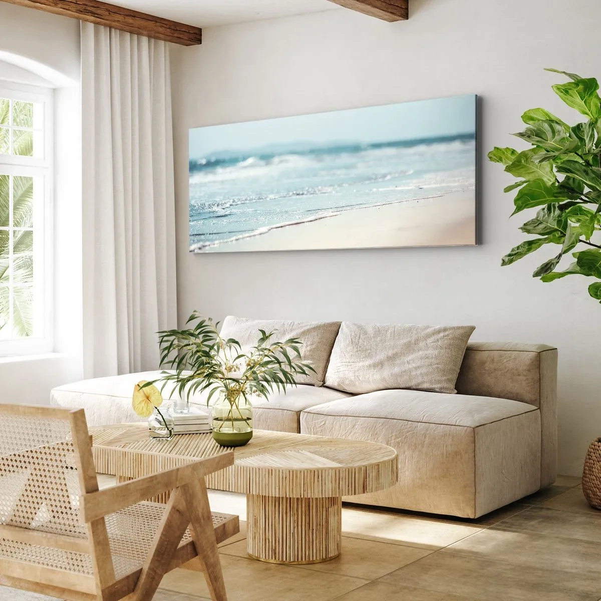Impression sur toile - Image sur toile - Douces vagues de l'océan sur une plage de sable - 160x50cm - Chaleur et bruissement - Décoration murale moderne pour le salon et la chambre ARTTOR