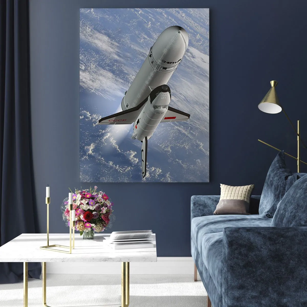 Impression sur verre - Image sur verre - Une fusée spatiale s'élevant devant la Terre en arrière-plan - 80x120cm - Ascension cosmique - Décoration murale moderne pour le salon et la chambre ARTTOR