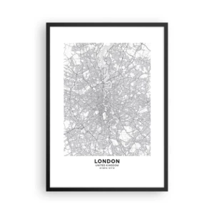 Affiche dans un cadre noir - Poster - Carte de Londres en noir et blanc avec des détails précis des rues - 50x70cm - Carte du labyrinthe londonien - Décoration murale moderne pour le salon et la chambre ARTTOR