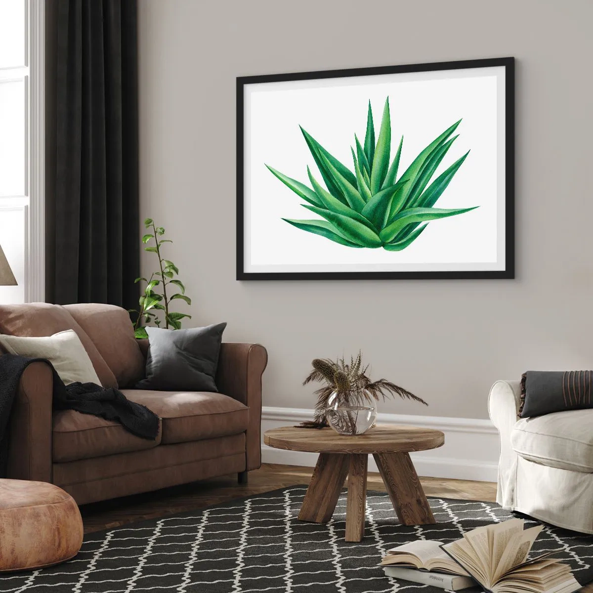 Affiche dans un cadre noir - Poster - Une plante verte juteuse sur fond blanc - 100x70cm - Vert – force – vie - Décoration murale moderne pour le salon et la chambre ARTTOR