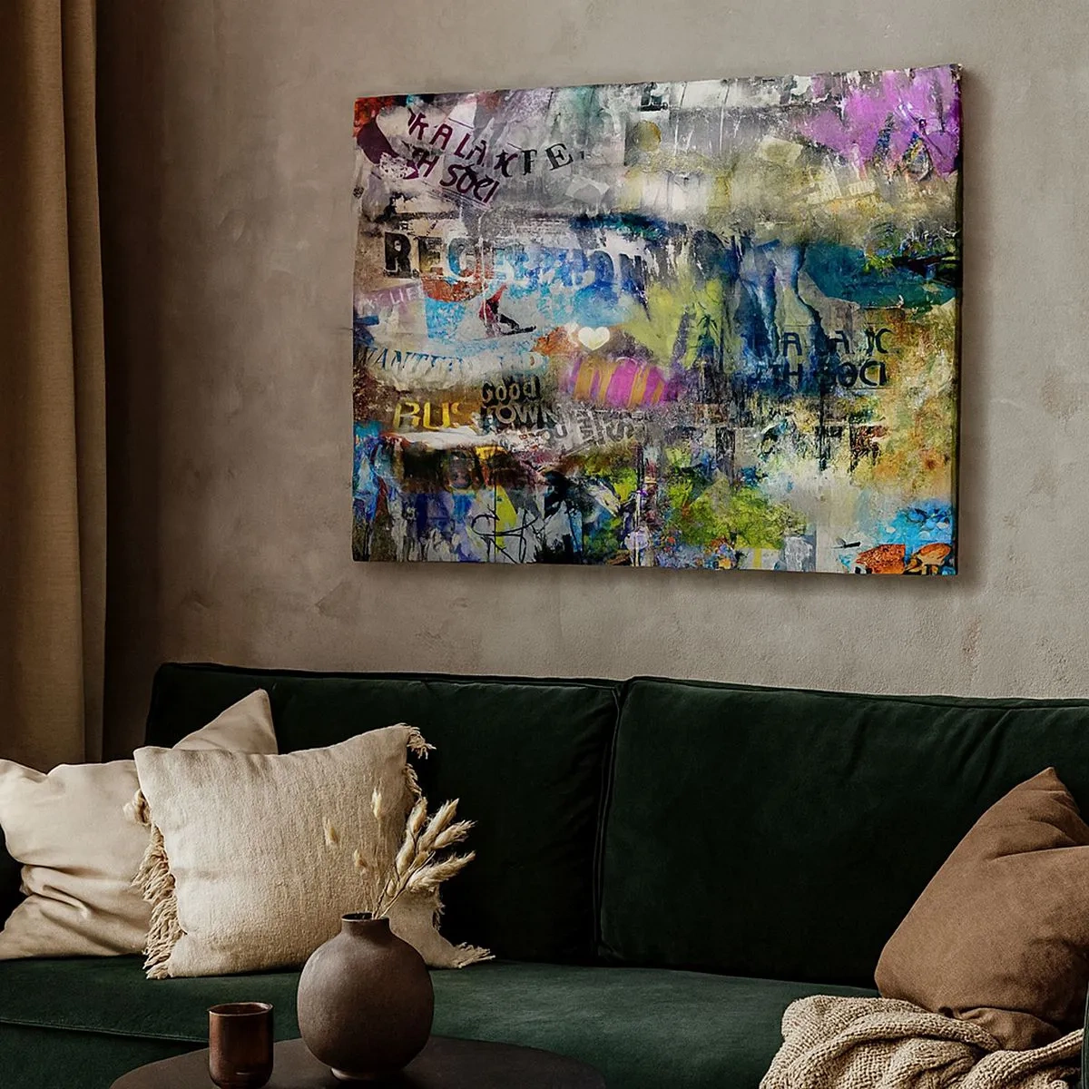 Impression sur toile - Image sur toile - Collage abstrait avec texte et couleurs variées - 70x50cm - Collage de souvenirs - Décoration murale moderne pour le salon et la chambre ARTTOR