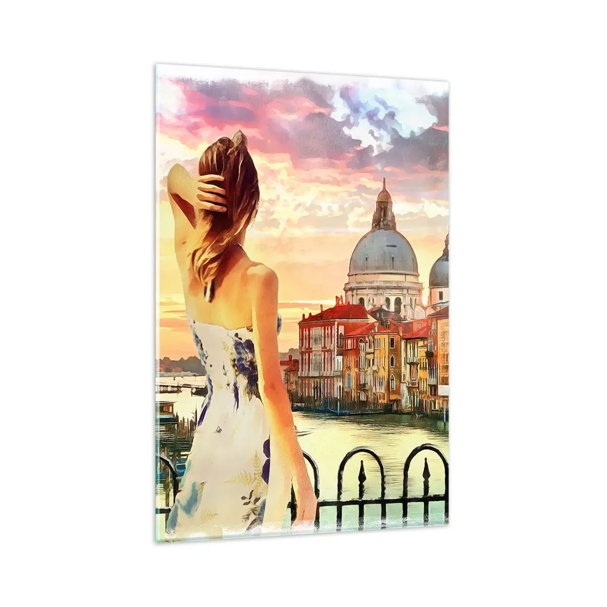 Impression sur verre - Image sur verre - Une femme admirant le paysage pittoresque au bord du canal - 80x120cm - Pour une aventure c'est uniquement dans ... - Décoration murale moderne pour le salon et la chambre ARTTOR