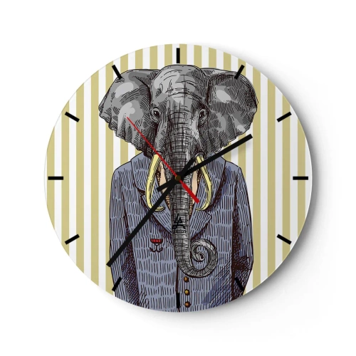 Horloge murale - Pendule murale - Un dessin élégant d'un éléphant en costume sur un fond de rayures verticales. - 30x30cm - Élégant par nature - Décoration murale moderne pour le salon, la cuisine et la chambre ARTTOR