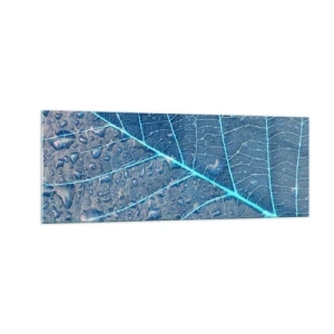 Impression sur verre - Image sur verre - Une feuille dans des tons bleus avec des gouttes d'eau - 140x50cm - La vie en bleu - Décoration murale moderne pour le salon et la chambre ARTTOR