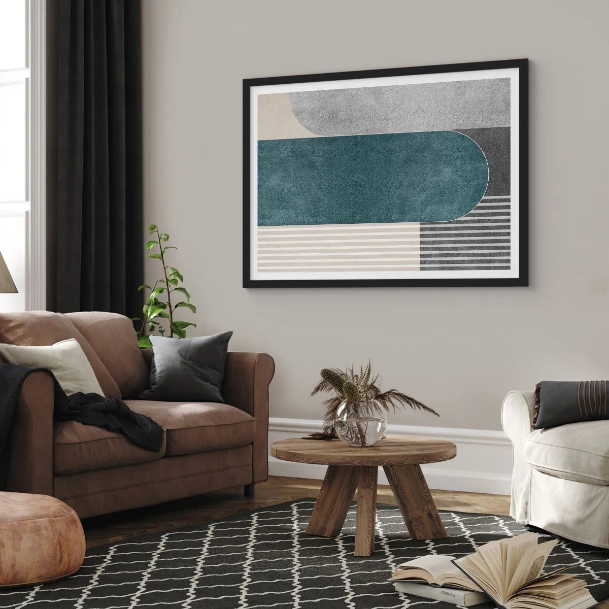 Affiche dans un cadre noir - Poster - Abstraction géométrique dans les tons de gris et de vert - 70x50cm - Composition de niveaux - Décoration murale moderne pour le salon et la chambre ARTTOR