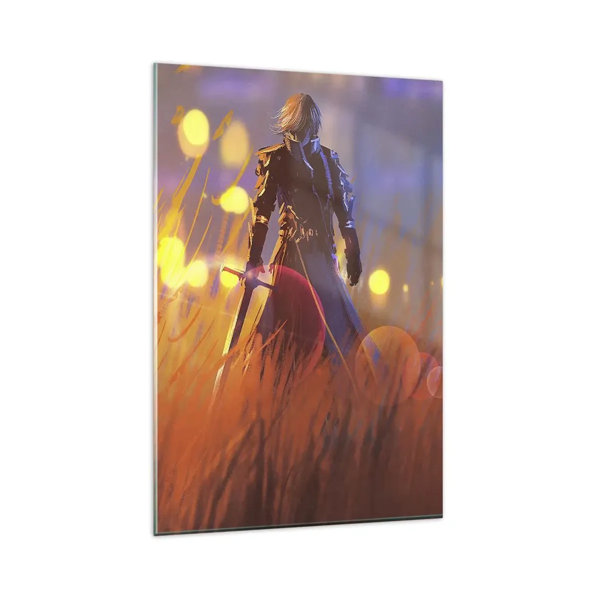 Impression sur verre - Image sur verre - La figure d'un chevalier à la lumière du soleil couchant dans un champ - 80x120cm - Chevalier errant - Décoration murale moderne pour le salon et la chambre ARTTOR