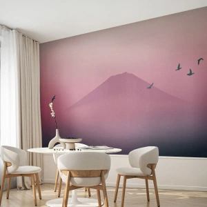 Papier Peint Photo Standard Eco - Une montagne dans la brume au coucher du soleil avec des oiseaux qui volent - 100x70cm - Des pèlerins au dessus des nuages - Décoration murale moderne pour le salon et la chambre ARTTOR