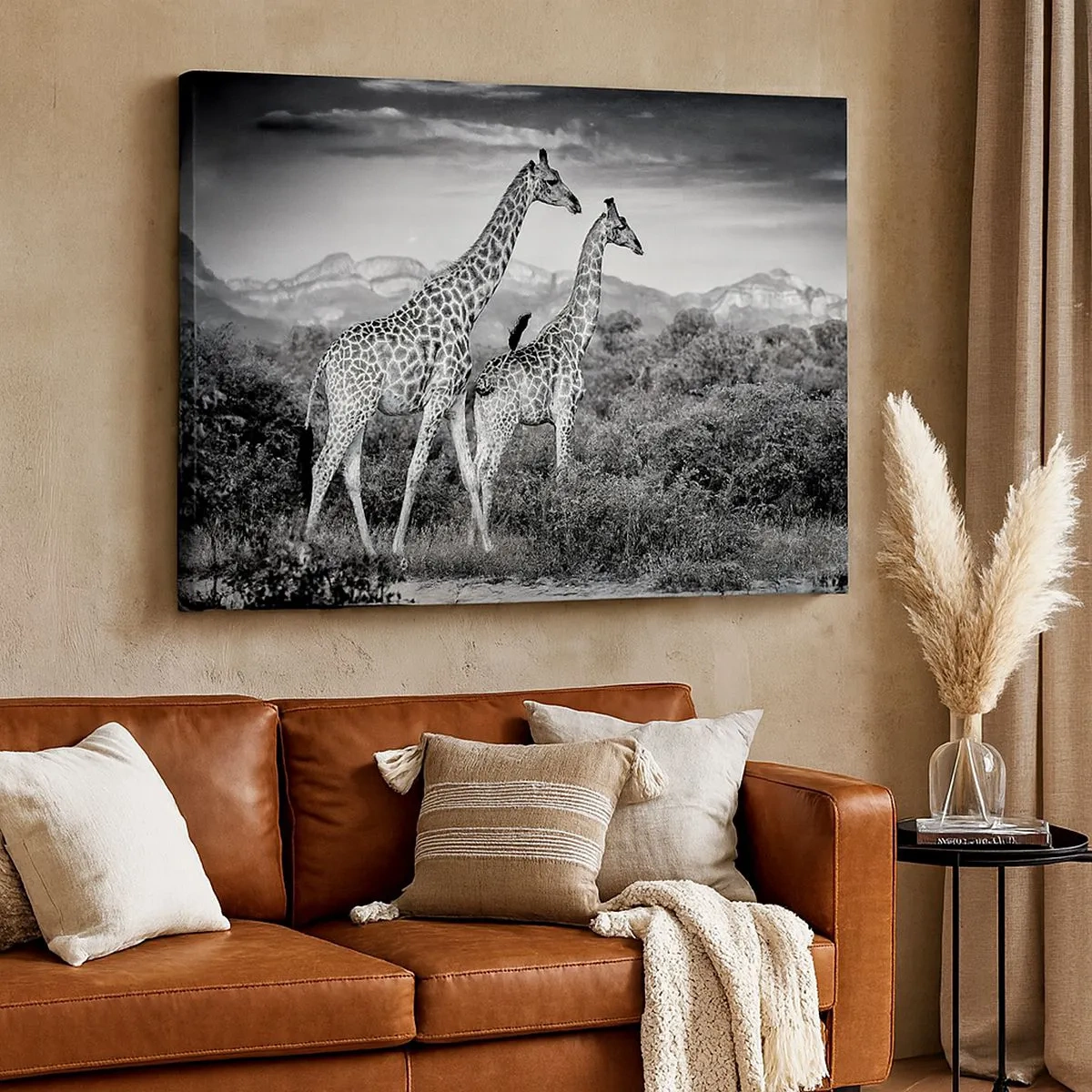 Impression sur toile - Image sur toile - Silhouettes noires et blanches de deux girafes dans la savane - 70x50cm - Hautes sphères en Afrique - Décoration murale moderne pour le salon et la chambre ARTTOR