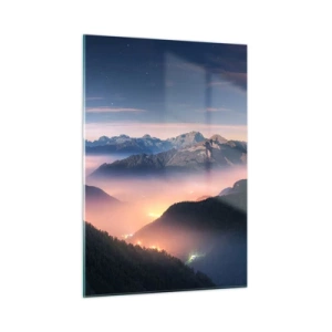 Impression sur verre - Image sur verre - Paysage de montagne au coucher du soleil avec du brouillard dans la vallée - 50x70cm - Lumière dans les vallées - Décoration murale moderne pour le salon et la chambre ARTTOR