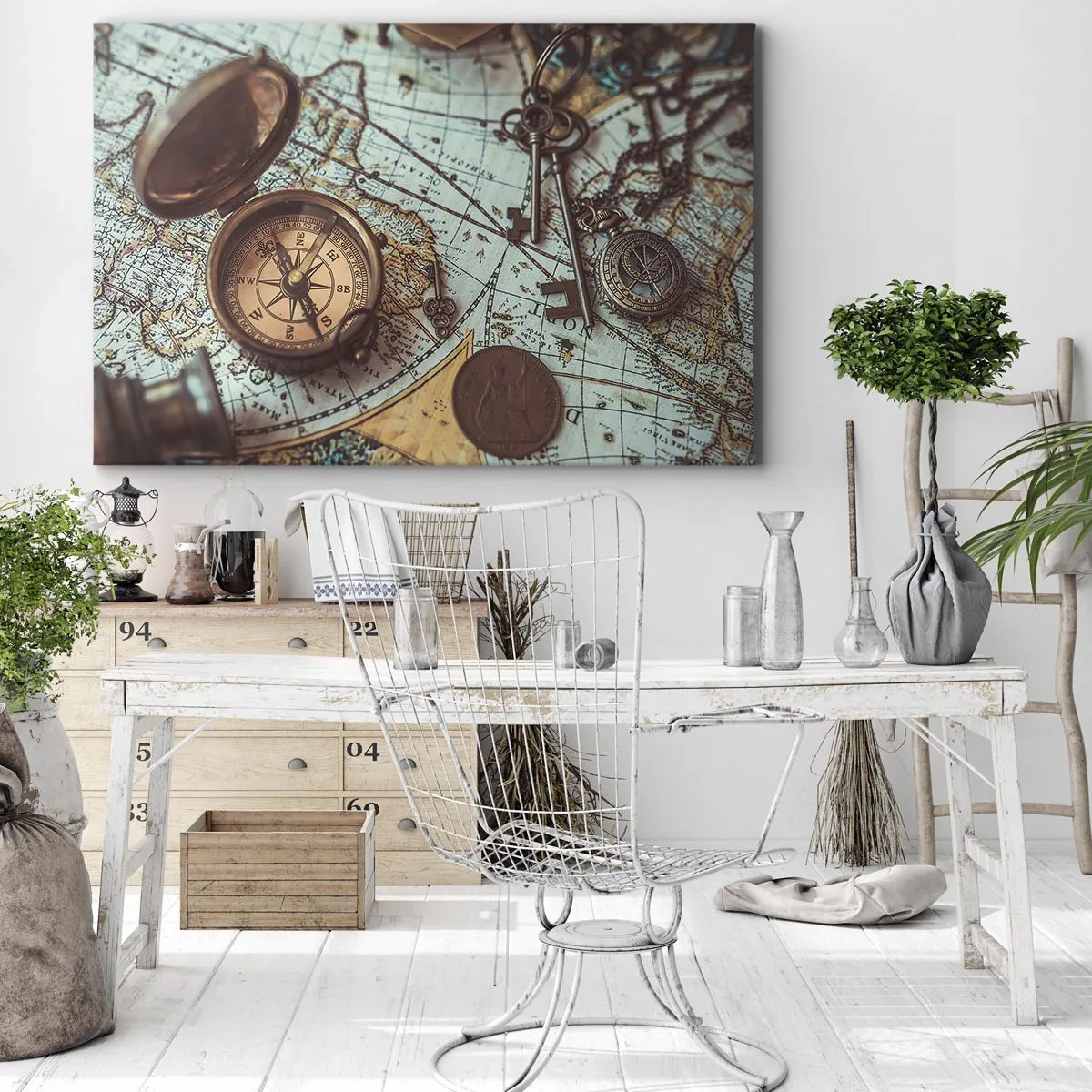 Impression sur toile - Image sur toile - Composition avec une boussole, des clés et une vieille carte dans un style rétro - 70x50cm - Pour ceux qui recherche l'aventure - Décoration murale moderne pour le salon et la chambre ARTTOR