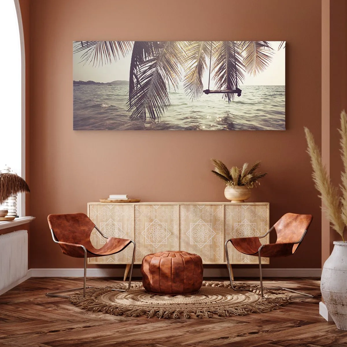 Impression sur toile - Image sur toile - Palmier avec une balançoire au-dessus de l'eau au soleil - 120x50cm - Vous pouvez vous balancer dans les nuages