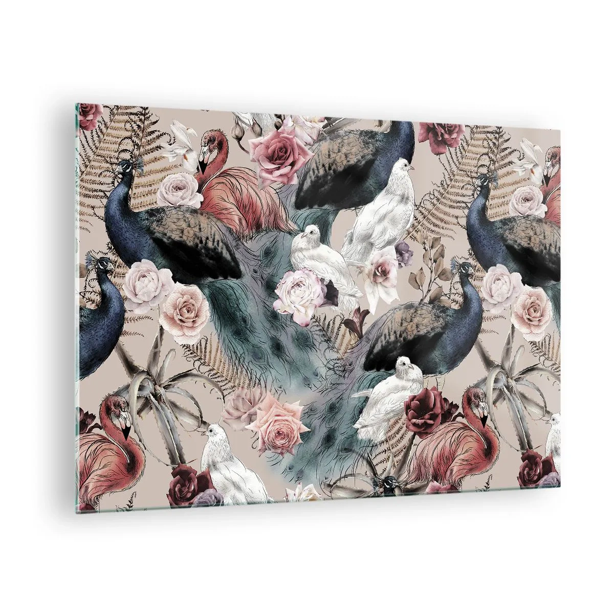 Impression sur verre - Image sur verre - Paons et flamants roses entourés de roses et de fougères - 70x50cm - Dans un jardin de palace - Décoration murale moderne pour le salon et la chambre ARTTOR