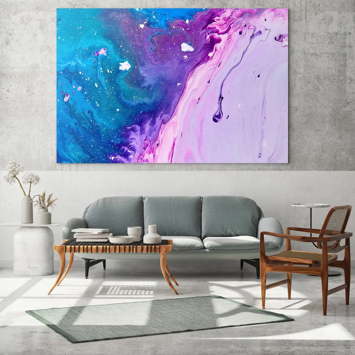 Impression sur verre - Image sur verre - Une composition abstraite avec un mélange de couleurs violettes, bleues et roses. - 70x50cm - Yin et yang - Décoration murale moderne pour le salon et la chambre ARTTOR