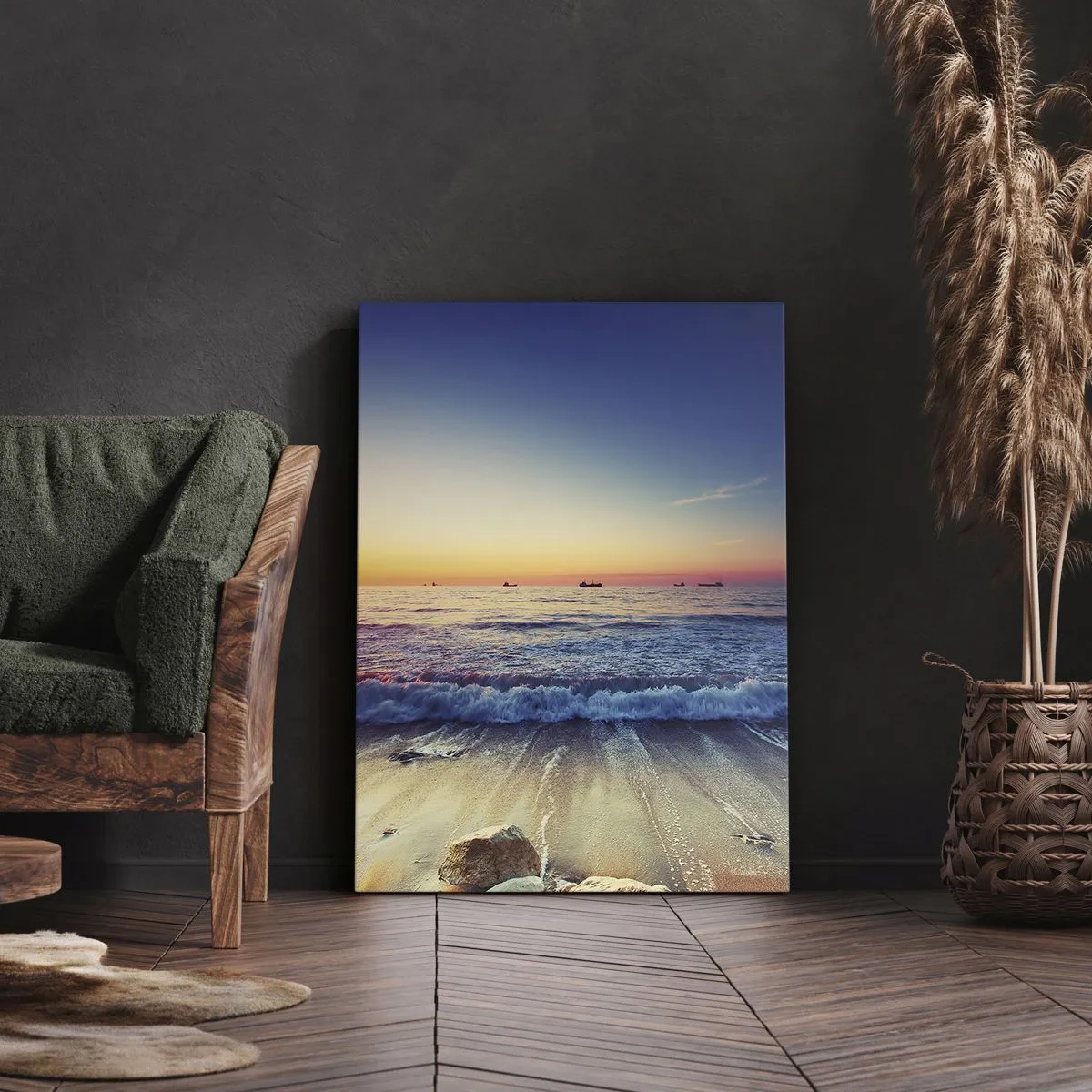 Impression sur toile - Image sur toile - Coucher de soleil sur une mer calme avec des vagues - 80x120cm - Mais quel horizon ? - Décoration murale moderne pour le salon et la chambre ARTTOR
