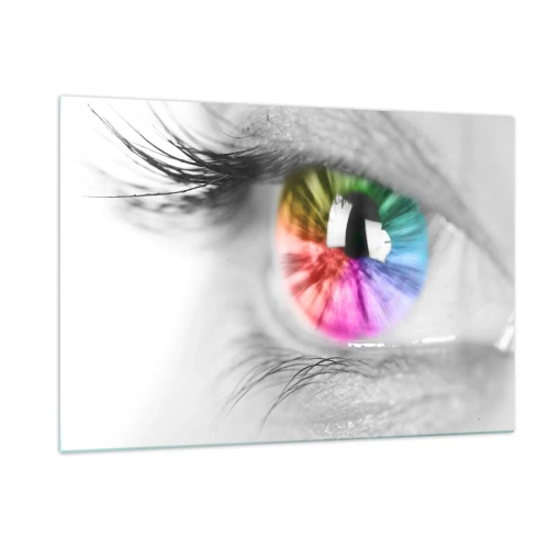 Impression sur verre - Image sur verre - Iris coloré sur fond noir et blanc - 120x80cm - Regarde le monde en couleur - Décoration murale moderne pour le salon et la chambre ARTTOR