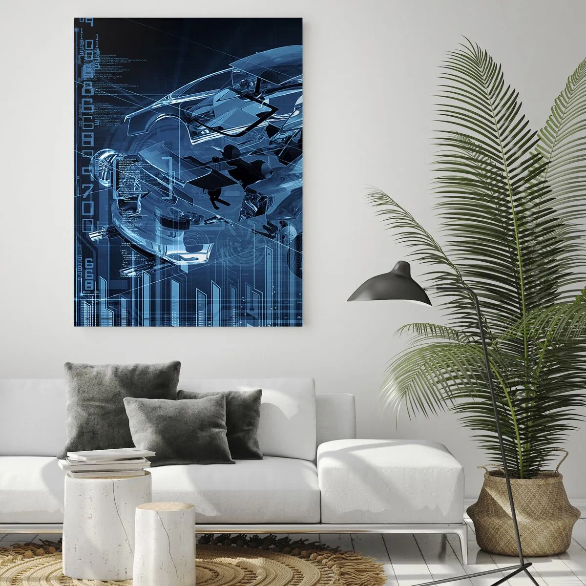 Impression sur verre - Image sur verre - Un dessin technique moderne d'une voiture avec des éléments structurels - 70x100cm - Anatomie de l'ingénierie - Décoration murale moderne pour le salon et la chambre ARTTOR