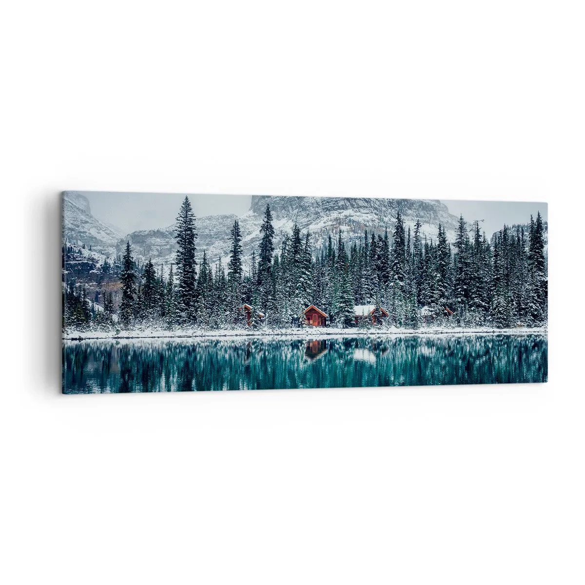 Impression sur toile - Image sur toile - Paysage d'hiver avec des chalets dans la forêt au bord d'un lac gelé - 140x50cm - Retraite canadienne - Décoration murale moderne pour le salon et la chambre ARTTOR