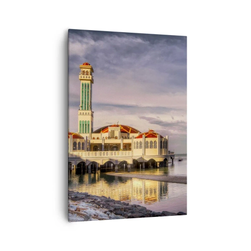 Impression sur toile - Image sur toile - Un bâtiment impressionnant avec un minaret sur l'eau entouré d'un paysage paisible - 70x100cm - Temple de la nature - Décoration murale moderne pour le salon et la chambre ARTTOR