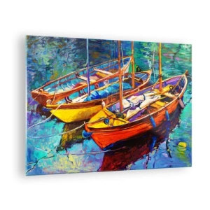 Impression sur verre - Image sur verre - Bateaux colorés sur une eau calme - 70x50cm - Sur l'eau épaisse de couleurs - Décoration murale moderne pour le salon et la chambre ARTTOR