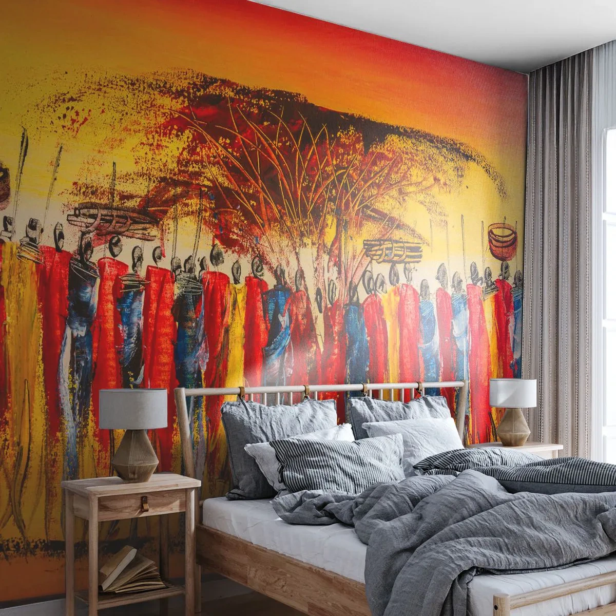 Papier Peint Photo Premium Sand - Scène africaine abstraite avec des gens et un coucher de soleil - 100x70cm - Là-bas, là-bas, ils vont là-bas - Décoration murale moderne pour le salon et la chambre ARTTOR