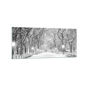 Impression sur verre - Image sur verre - Une allée d'hiver avec des arbres enneigés en monochrome - 120x50cm - Les quatres saisons – l’hiver - Décoration murale moderne pour le salon et la chambre ARTTOR
