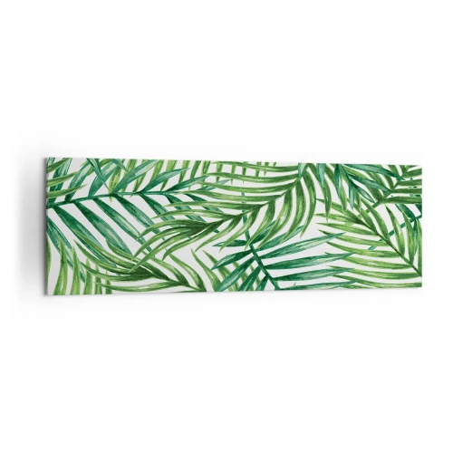 Impression sur toile - Image sur toile - Feuilles de palmier tropicales vertes sur fond clair - 160x50cm - Sous la canopée verte - Décoration murale moderne pour le salon et la chambre ARTTOR