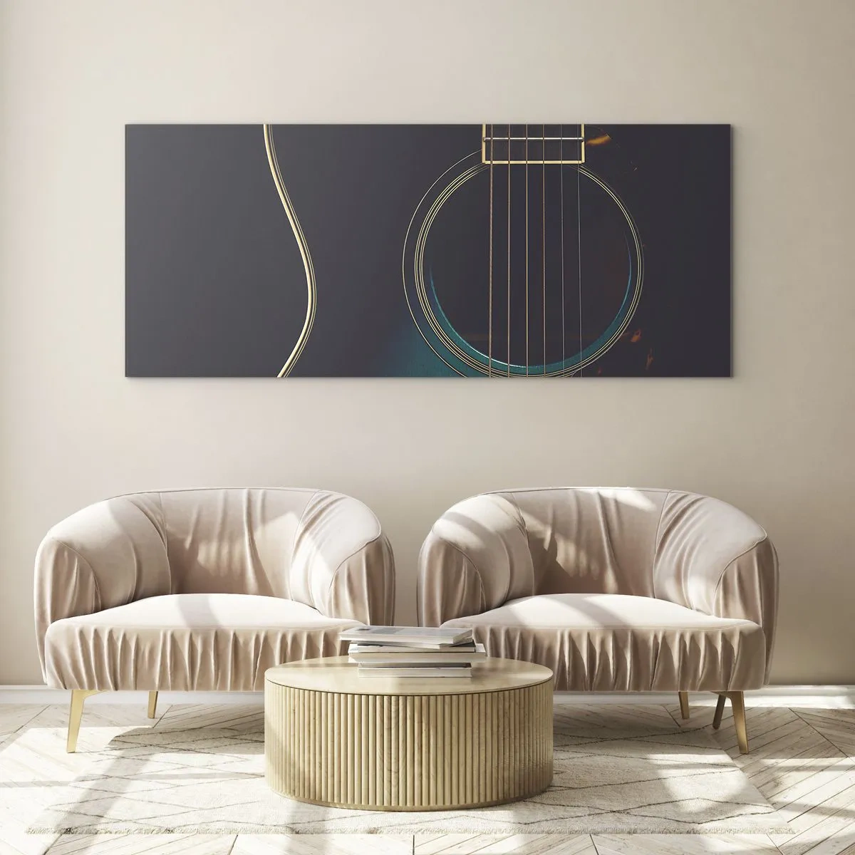 Impression sur verre - Image sur verre - Guitare acoustique dans une lumière sombre et élégante - 160x50cm - Le calme avant la tempête - Décoration murale moderne pour le salon et la chambre ARTTOR
