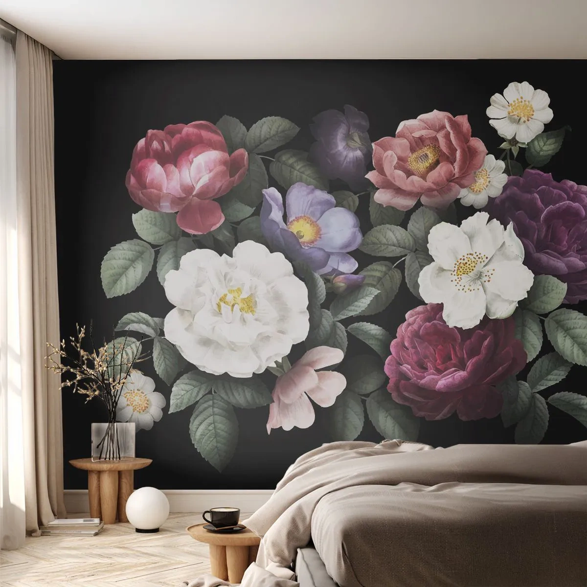 Papier Peint Photo Premium Sand - Une composition de fleurs colorées sur fond noir - 100x70cm - D'un jardin anglais - Décoration murale moderne pour le salon et la chambre ARTTOR