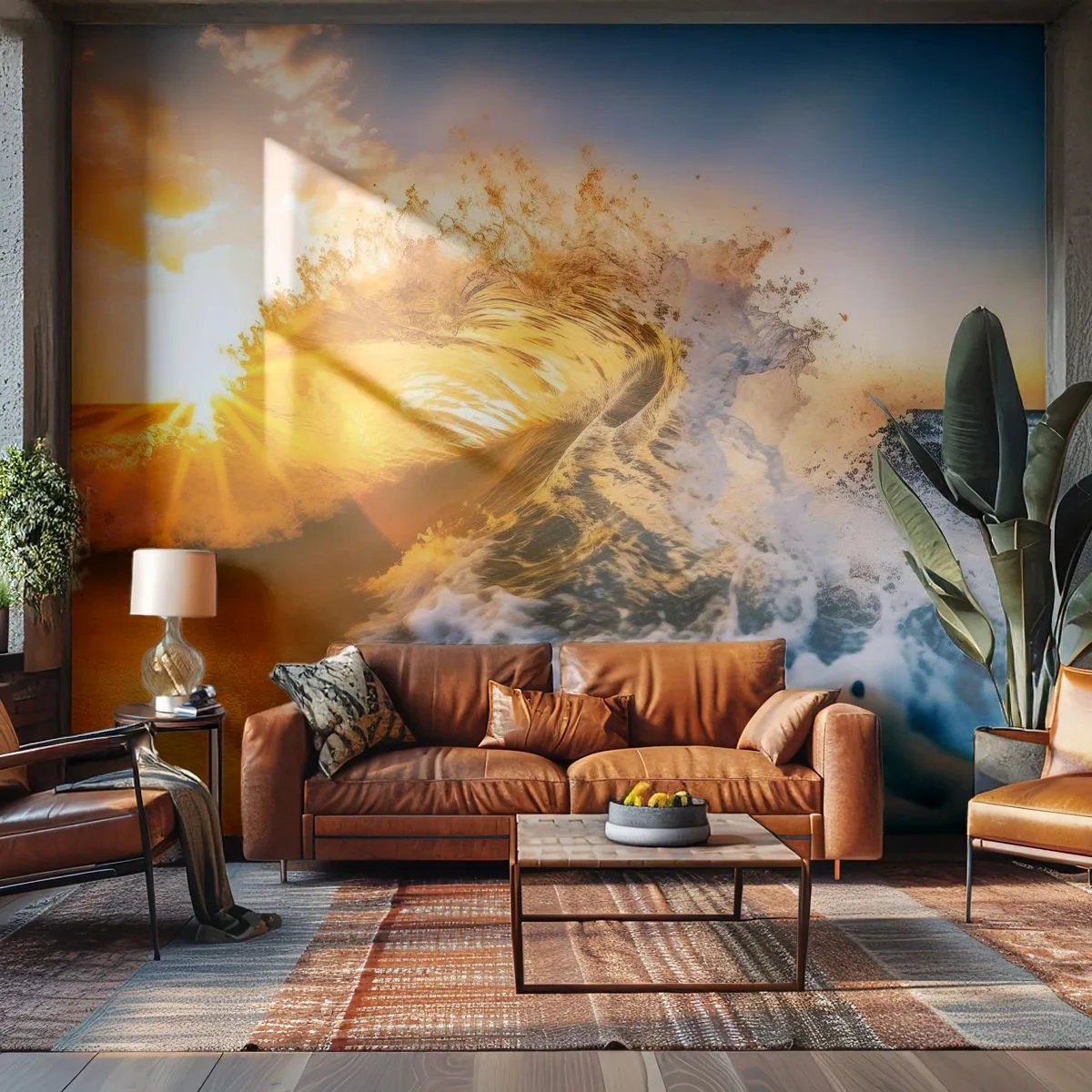 Papier Peint Photo Premium Canvas - Une vague dorée sur fond de soleil couchant - 100x70cm - S'amuser dans le sable - Décoration murale moderne pour le salon et la chambre ARTTOR