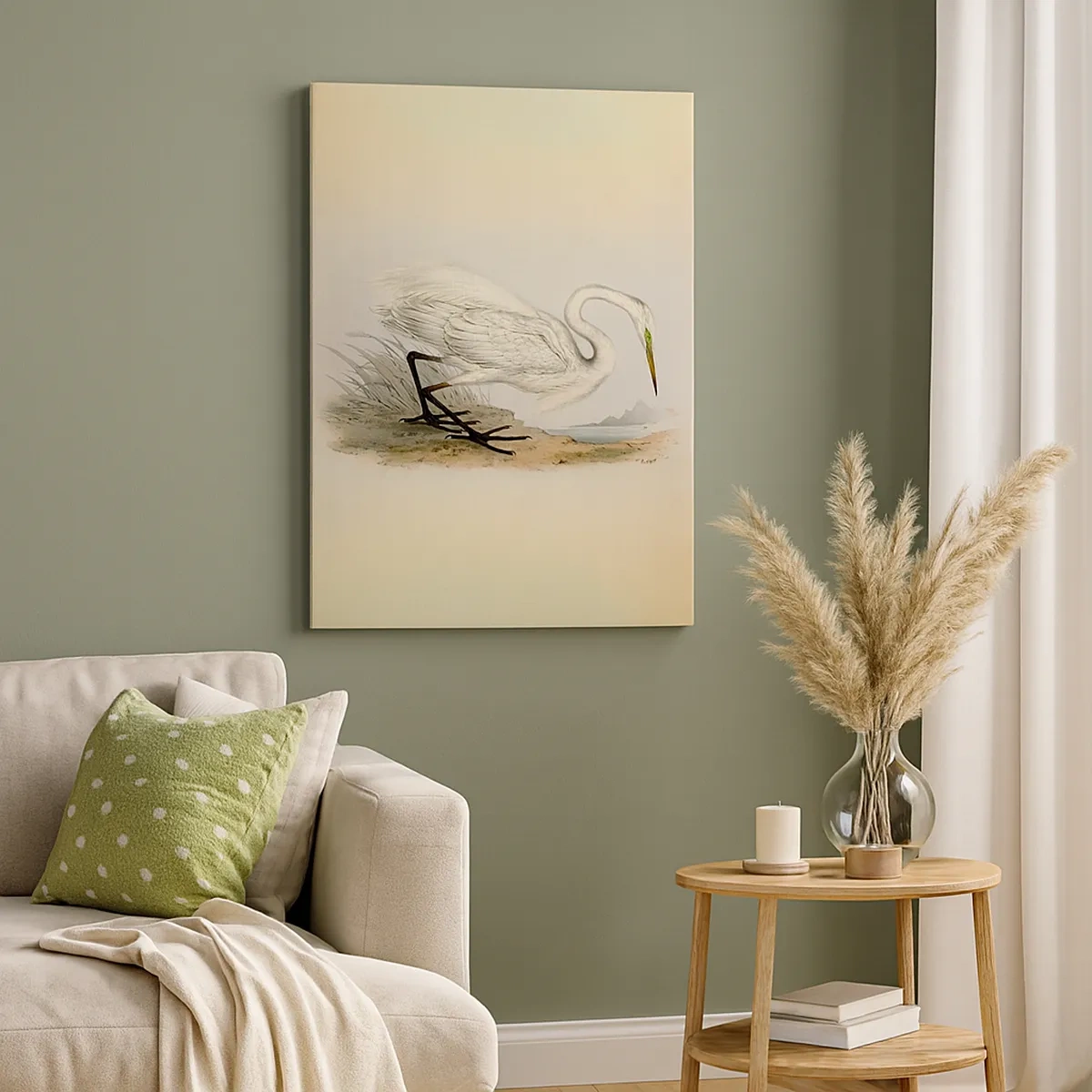 Impression sur toile - Image sur toile - Dessin d'un héron blanc sur fond de paysage naturel - 50x70cm - Dame sur les joncs - Décoration murale moderne pour le salon et la chambre ARTTOR