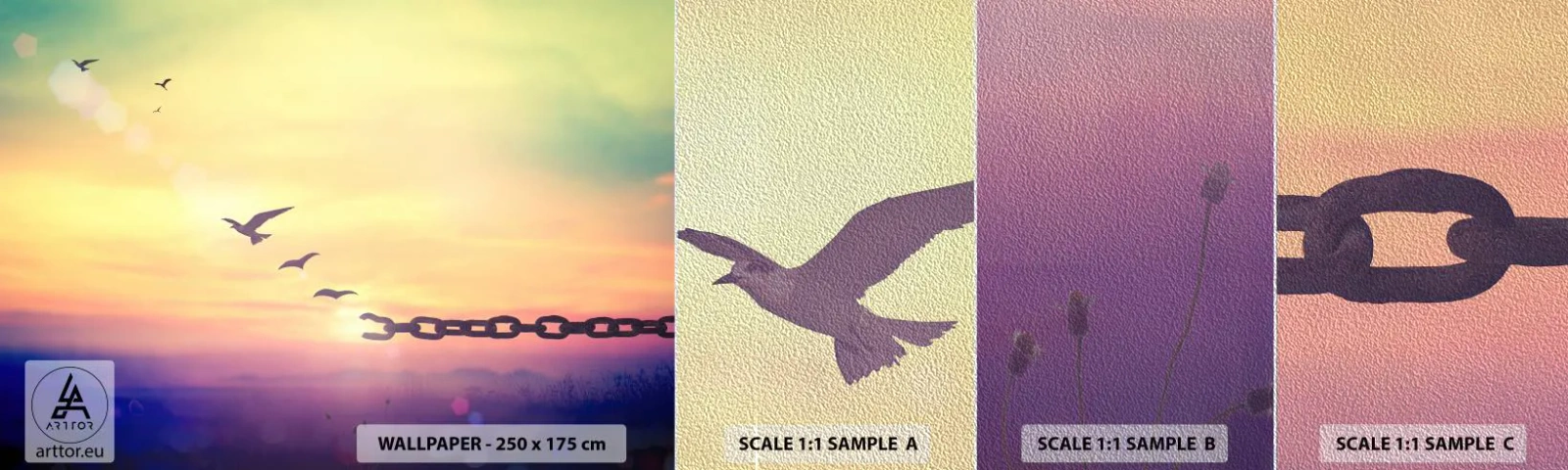 Échantillon de Papier Peint Premium Sand - La victoire de la liberté - Abstraction, Des oiseaux, Morceau - 100x30 cm