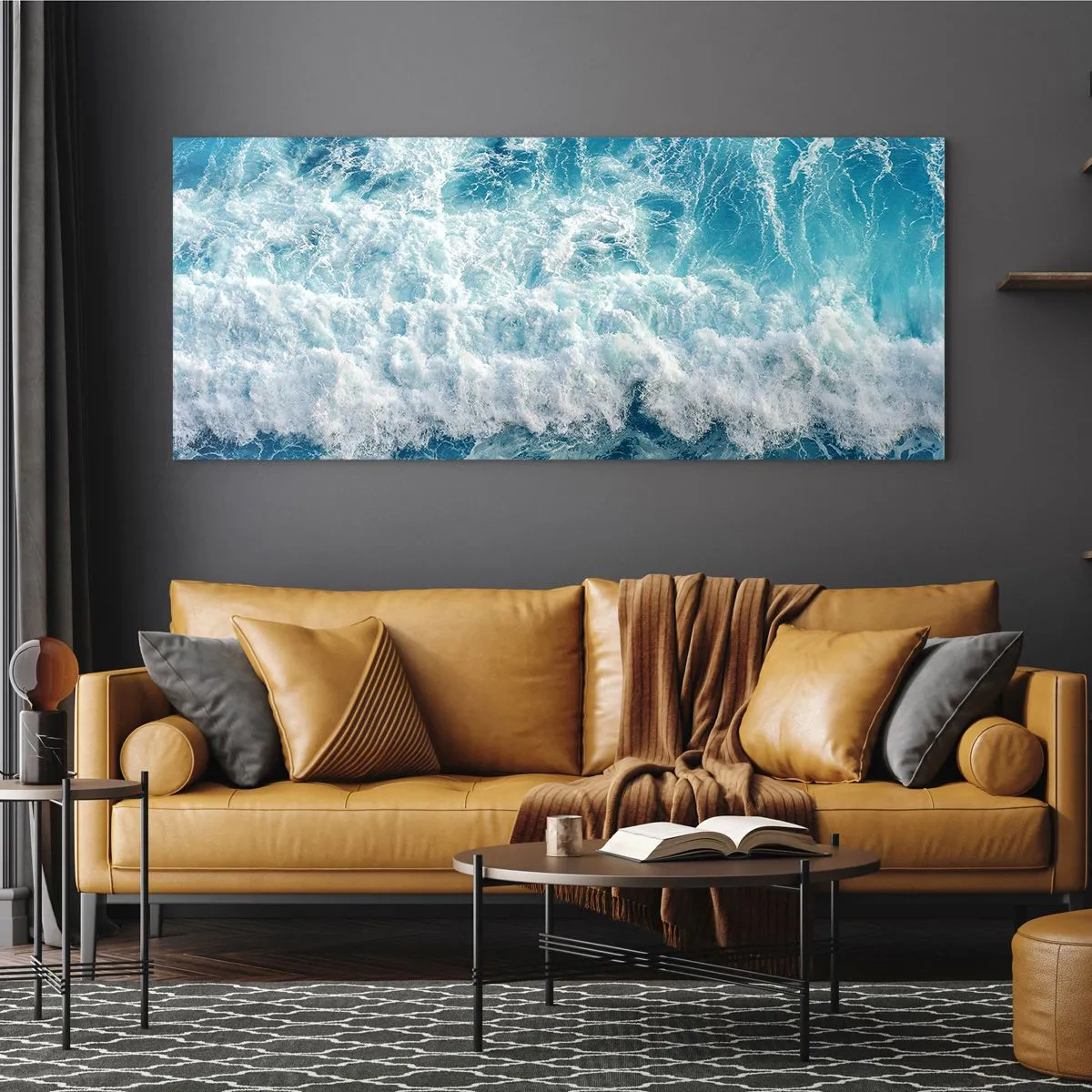 Impression sur verre - Image sur verre - Vagues océaniques dynamiques dans des tons de bleu - 120x50cm - Joyeusement et en sautant - Décoration murale moderne pour le salon et la chambre ARTTOR
