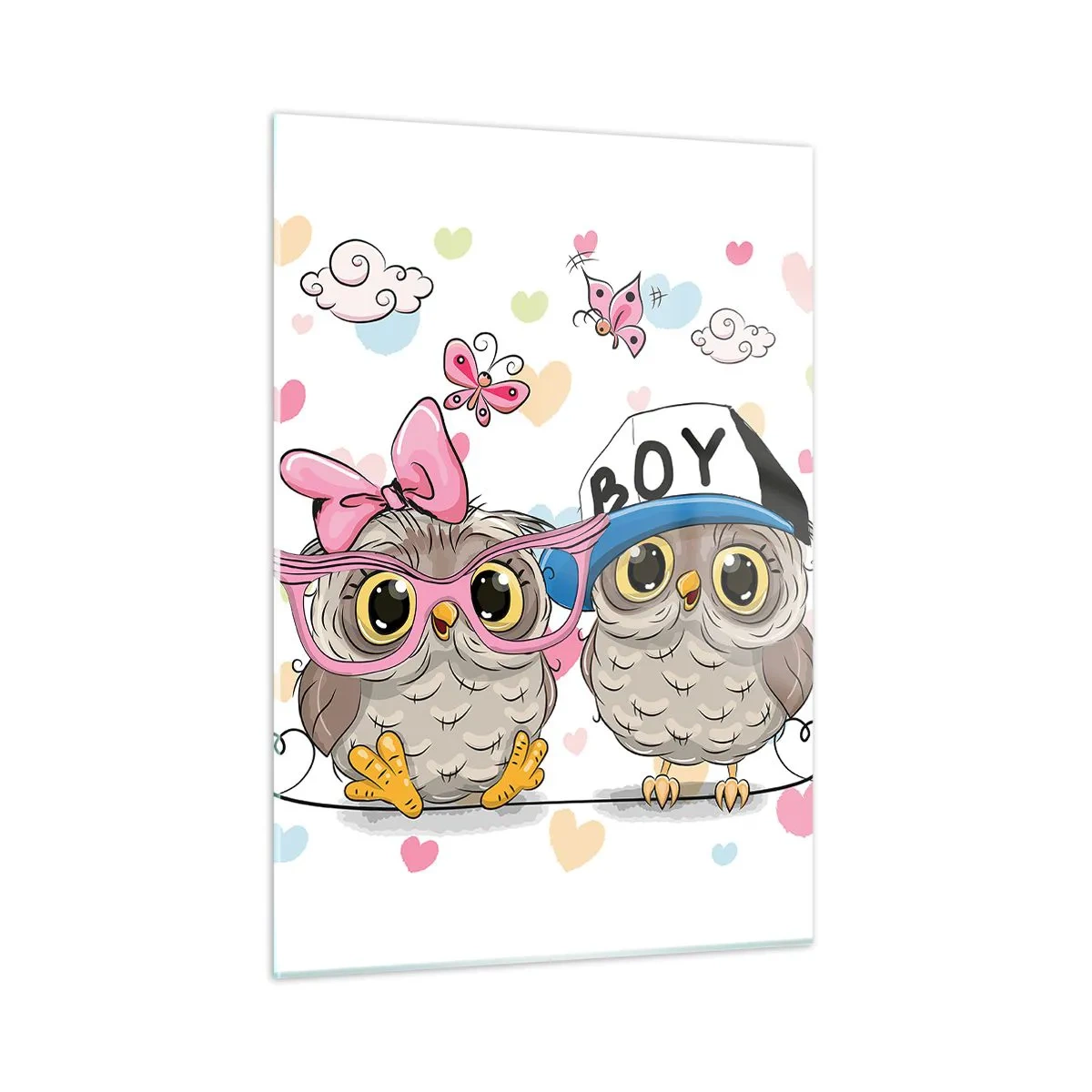 Impression sur verre - Image sur verre - Une paire de hiboux joyeux dans une composition pastel - 50x70cm - On s'aime! - Décoration murale moderne pour le salon et la chambre ARTTOR