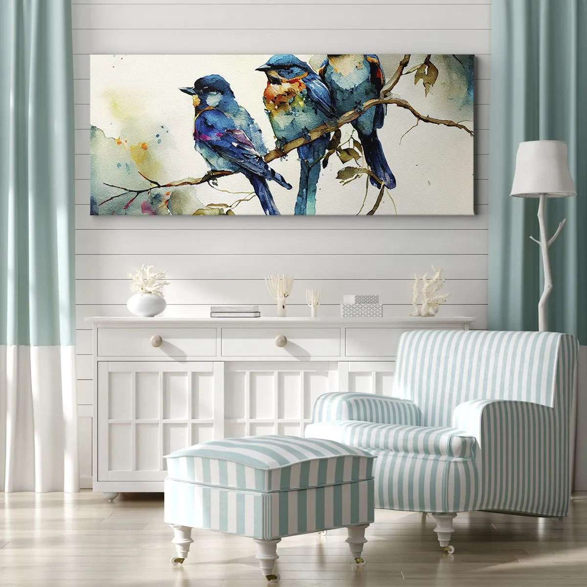 Impression sur toile - Image sur toile - Trois oiseaux colorés sur une branche dans un style aquarelle - 120x50cm - A-t-il été offensé ? - Décoration murale moderne pour le salon et la chambre ARTTOR