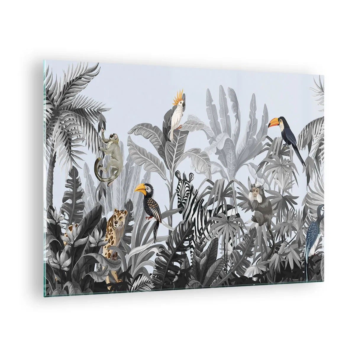 Impression sur verre - Image sur verre - Animaux exotiques dans une jungle en noir et blanc sur fond clair - 70x50cm - Conte de fées africain - Décoration murale moderne pour le salon et la chambre ARTTOR