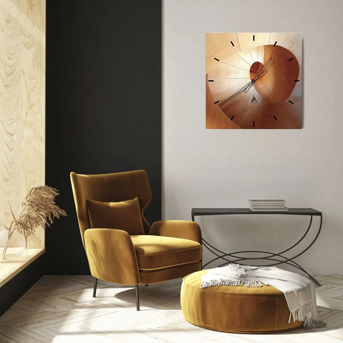 Horloge murale - Pendule murale - Spirale abstraite dans les tons bois et marron clair - 30x30cm - Serpentin architectural - Décoration murale moderne pour le salon et la chambre ARTTOR