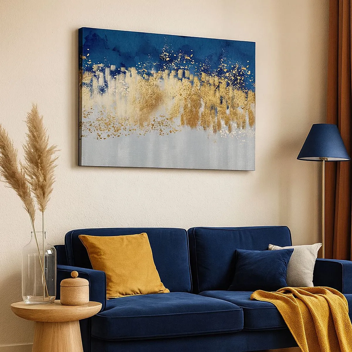 Impression sur toile - Image sur toile - Une composition abstraite dans des tons d'or et de bleu marine. - 70x50cm - Une composition moderne et pétillante - Décoration murale moderne pour le salon et la chambre ARTTOR