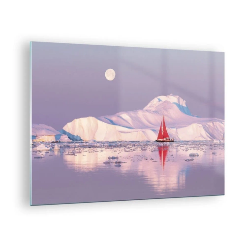 Impression sur verre - Image sur verre - Un voilier sur fond de glaciers au clair de lune - 70x50cm - La chaleur de la voile, le froid de la glace - Décoration murale moderne pour le salon et la chambre ARTTOR